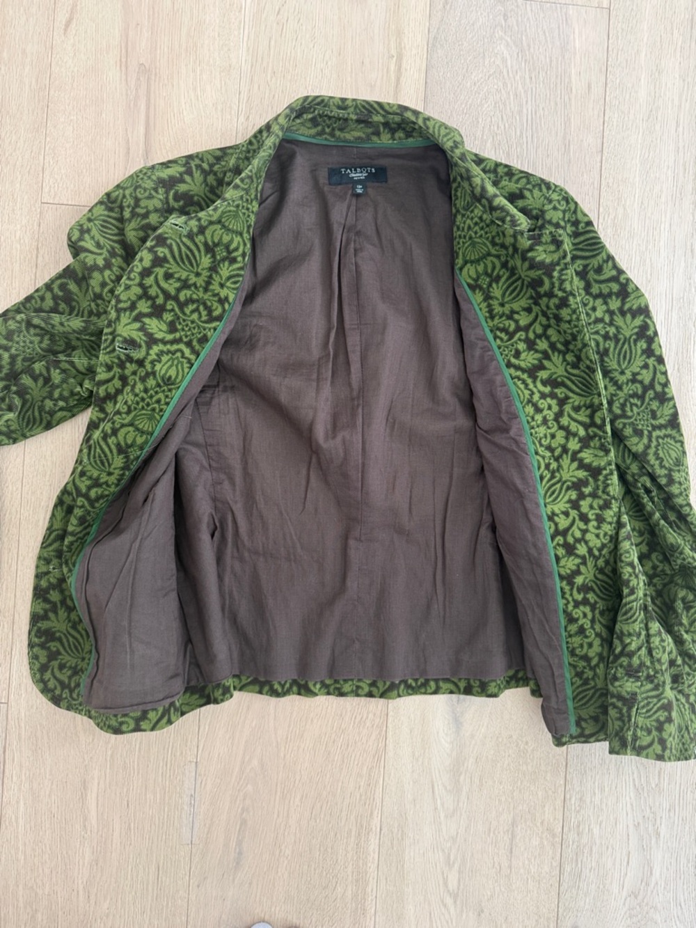 Talbots Vintage Olive Green Patterned Velvet Blazer Womens size 12P cotton - Picture 6 of 7